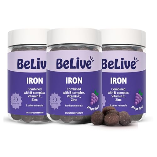 BeLive Iron Gummies - Multivitamin Iron Supplement with Vitamin C, A, B & Zinc, Supports Blood Oxygen, Vegan Supplements for Women, Men & Kids for Growth and Development - Grape Flavor | 3-Pack