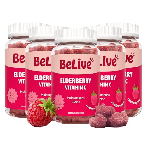 BeLive Elderberry Gummies with Vitamin C - Double Strength Elderberries Extract - Zinc, Multivitamins, B-Complex - for Immune Support Vitamins, Raspberry Flavor (250 Ct - 5 Packs)