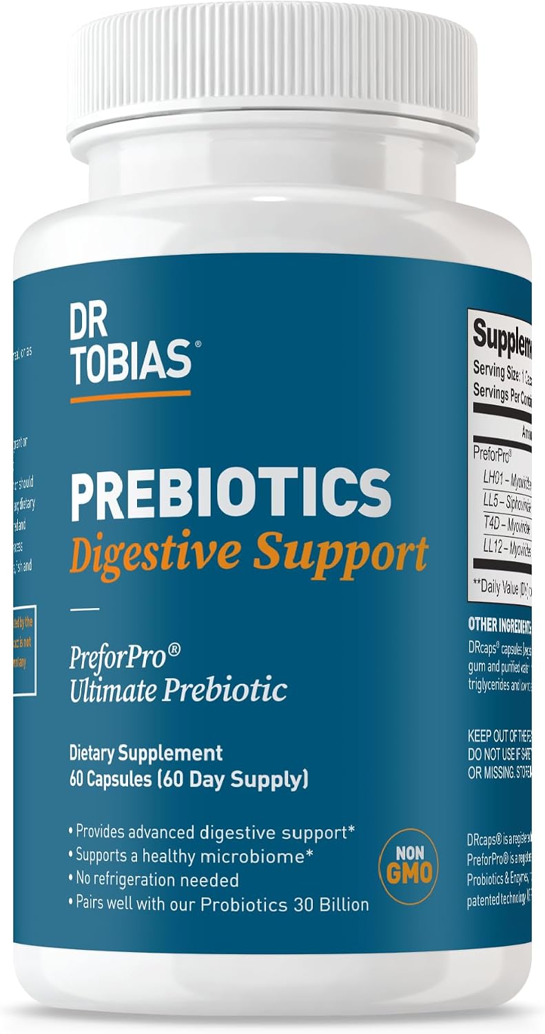 Dr. Tobias Prebiotics Digestive Support, Advanced Prebiotic Supplement for Gut Health, Immune Function & Boost for Probiotics for Women & Men, Vegan, Non-GMO, 60 Capsules, 60 Servings
