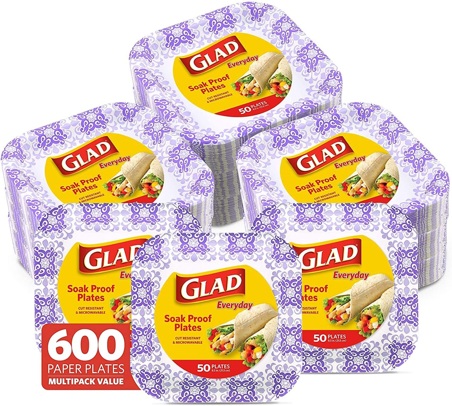 Glad Square Disposable Paper Plates, Purple Victorian Pattern - Strong, Sturdy, Soak Proof, and Microwavable Decorative Plates for Dinner and Everyday Use, 8.5 Inch, 50 Count - 12 Pack