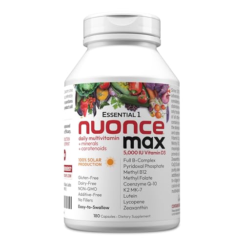 ANDREW LESSMAN Essential-1 nuonce max Multivitamin 5000 IU Vitamin D3 180 Small Capsules. 100 mcg Methyl B12. CoQ10 Lutein Lycopene Zeaxanthin. High Potency. No Additives. Ultra-Mild One Daily Capsule
