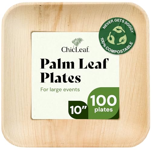 Chic Leaf Palm Leaf Disposable Bamboo Plates - Square Party Plates for Weddings, Parties, Event Appetizers - Biodegradable & Compostable - Party Supplies (10", 100 Pack)