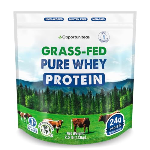 Opportuniteas Grass Fed Whey Protein Powder Concentrate - 1 Ingredient - Pure Protein Supplement for Drink, Smoothie, Shake, Cooking & Baking - Non GMO, Hormone Free & Gluten Free - 2.5 lbs
