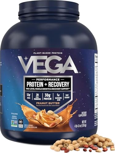 Vega Sport Vegan Protein Powder + Recovery - 30g Plant Based Protein per Serving, Peanut Butter, 45 Servings, 5g BCAAs, Probiotics, NSF Certified, For Shakes & Smoothies, 4.2lbs (Packaging May Vary)