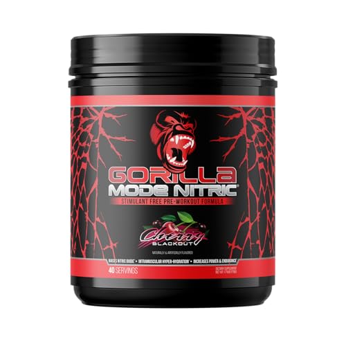 Gorilla Mode Nitric Upgraded Stimulant Free Pre-Workout  Best Tasting and Most Effective Stimulant Free Pre-Workout/Massive Pumps  Vasodilation  Power / 776 Grams (Cherry Blackout)