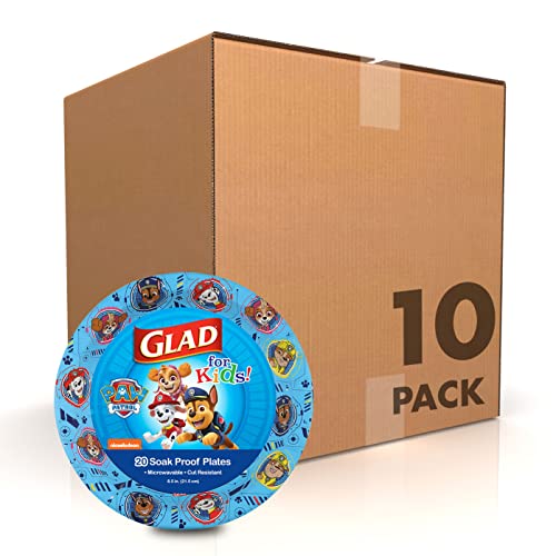 Glad for Kids Paw Patrol Round Disposable Paper Plates, Core Pups Blue - Heavy Duty, Soak Proof, Microwavable Plates for Everyday Use, 8.5 Inch, 20 Count - 10 Pack