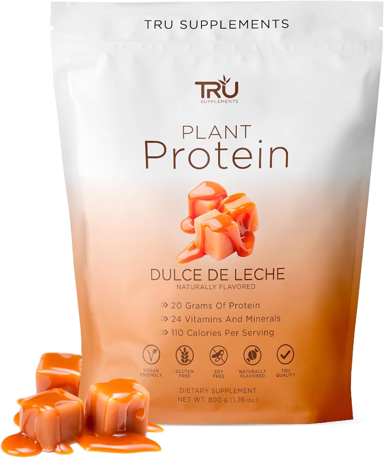TRU Supplements Plant Based Protein Powder, BCAA, EAA, 20g Vegan Brown Rice & Pea Protein, 100 Calories, 27 Vitamins, No Artificial Flavors 25 Servings (Dulce De Leche)