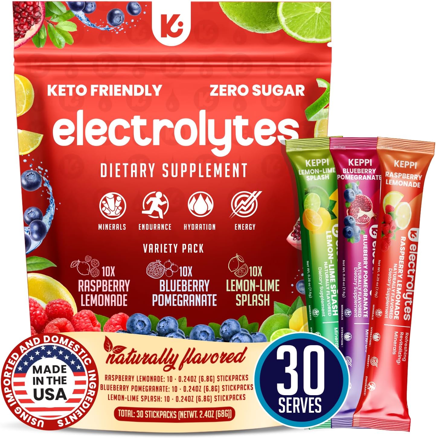 Keppi Electrolytes Powder Packets Assorted Flavors 30 Servings  No Sugar Hydration Supplement with Potassium, Magnesium, Sodium  Keto, Vegan, Fasting-Friendly, Zero Calorie Hydration Packets