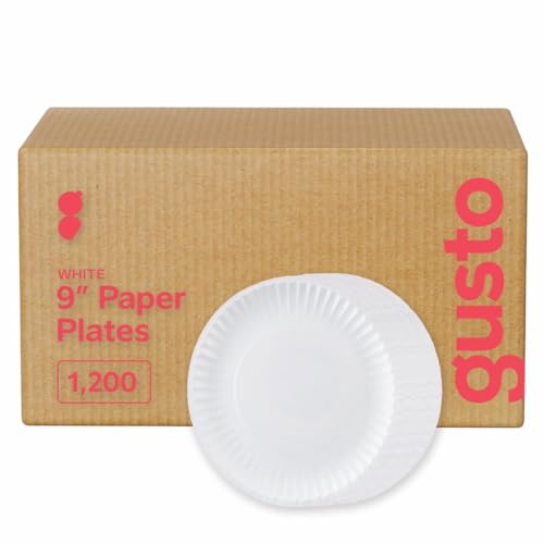 GUSTO [Case of 1200-9 Inch Uncoated White Paper Plates, Disposable, Decorative Craft Paper (Formerly Comfy Package)