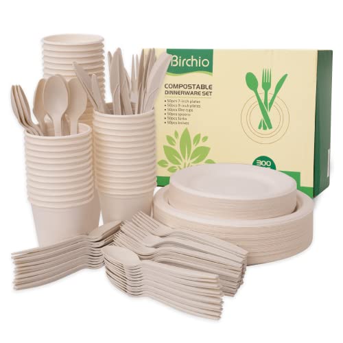 BIRCHIO 300 Piece Biodegradable Paper Plates Set