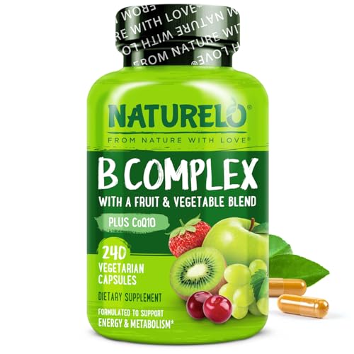NATURELO Vitamin B Complex with Methyl B12, Methyl Folate, Vitamin B6, Biotin Plus Choline, CoQ10, and Fruit & Vegetable Blend - Supports Energy & Healthy Stress Response - Vegan - 240 Capsules