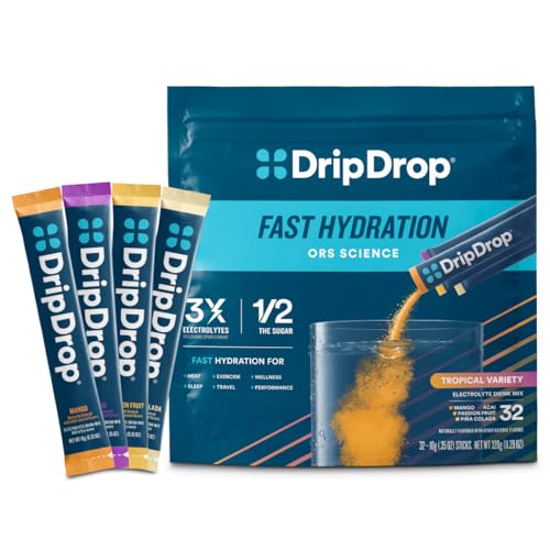 DripDrop Hydration Packets - Tropical Variety Pack - Single Serve Electrolytes Powder Drink Mix - Mango, Acai, Passion Fruit, Pina Colada - Non-GMO, Gluten Free, Vegan - 32 Sticks