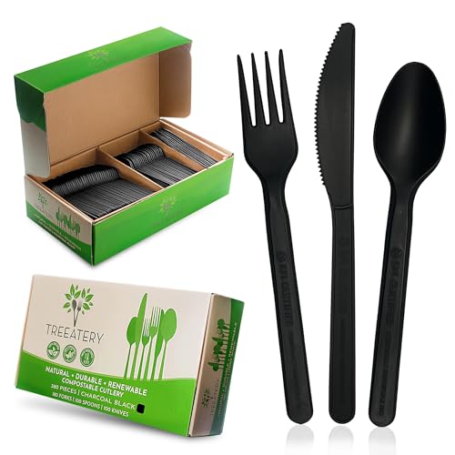Compostable Cutlery Set, Plant-Based Compostable Utensils Disposable, Dishwasher-Safe Compostable Silverware, 380-Piece Disposable Cutlery, Plant a Tree with Every Box, Charcoal Black
