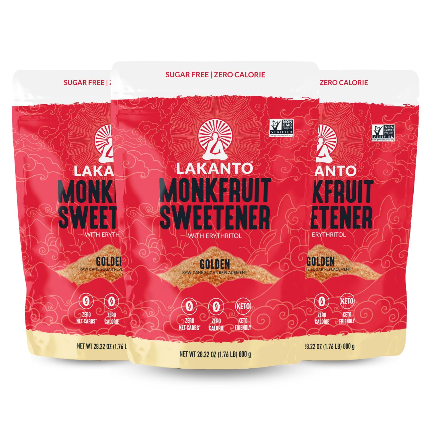 Lakanto Golden Monk Fruit Sweetener With Erythritol, Raw Cane Sugar Substitute, Monk Fruit Extract, Raw Sugar Replacement for Baking, Coffee & Tea, Gluten Free, Low Carb, Non GMO, Keto, 1.8 lb, 3 PK