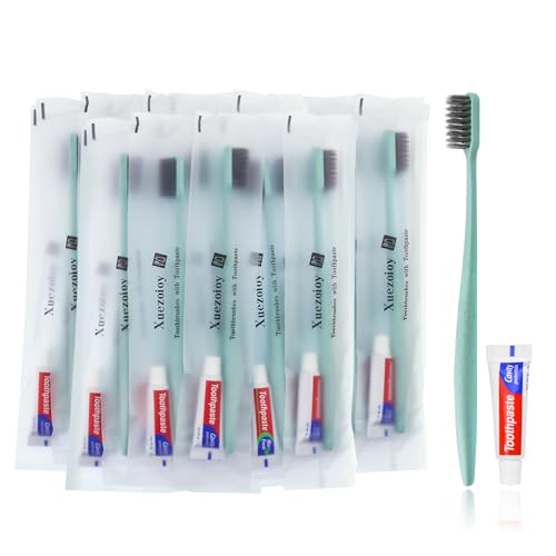 Disposable Toothbrushes with Toothpaste,100 Pack Green Individually Wrapped Disposable Travel Toothbrushes Kit in Bulk for Homeless,Nursing Home,Hotel,Charity