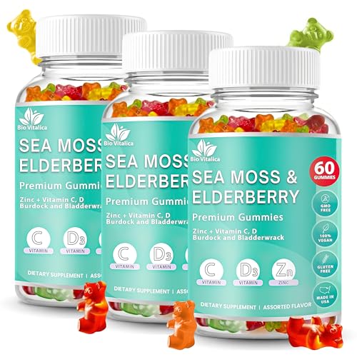 BIO VITALICA Sea Moss Gummies Elderberry BioVitalica - Vitamin C D + Zinc - Irish Seamoss Vegan Gummy with Sea Moss Gel & Powder for Immunity, Detox - for Adults and Kids (3Packs)