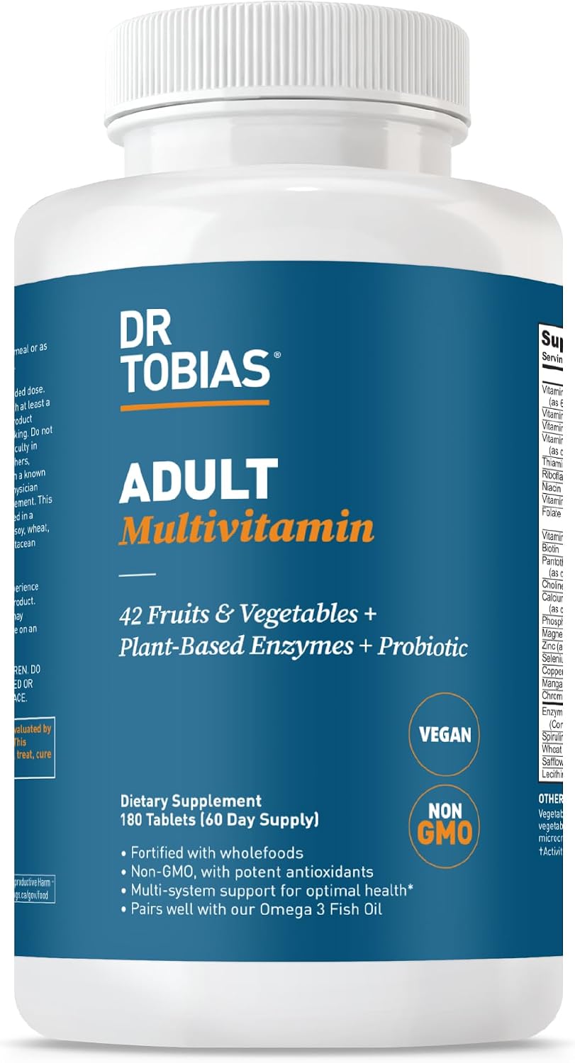 Dr. Tobias Adult Multivitamin for Women & Men, Immune Supporting Vitamins from 42 Fruits, Vegetables, Plus Probiotics, Vegan Multivitamins for Men & Women, Non-GMO, 180 Tablets, 60 Servings