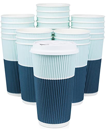 To Go Coffee Cups With Lids - 22 oz Disposable Coffee Cup With Lid. Large Togo Travel Paper Ripple Hot Cups Insulated For Hot, Cold Beverage Drinks, No Sleeves Needed (50, Ocean Blue)