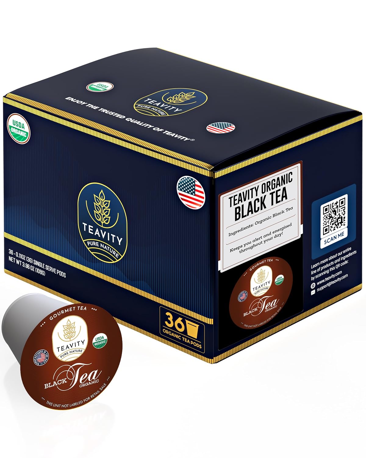 Teavity Organic Black Tea Pods for Keurig - Premium Unsweetened, Naturally Caffeinated Tea for KCup - Hot or Iced (36 Pods)