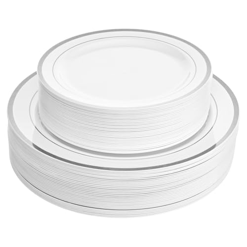 Aya's 100 Silver Rimmed Disposable Dinner and Dessert Plates Set - 50 Large and 50 Small Heavy Duty Plastic Plates - Elegant Design for Weddings, Parties, Events - Durable and Stylish