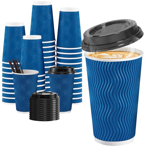 SIUQ 16 oz Coffee Cups-90 Pack Disposable Coffee Cups with Lids and Straws, Insulated Ripple Wall To Go Paper Coffee Cup for Coffee, Hot Chocolate and Hot Tea Drinks - Navy