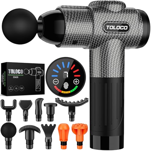 TOLOCO Massage Gun, Deep Tissue Back Massage for Athletes for Pain Relief, Percussion Massager with 10 Massages Heads & Silent Brushless Motor, Carbon