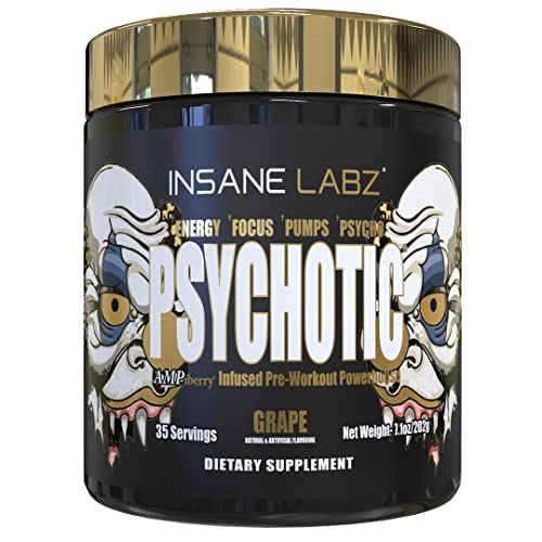 Insane Labz Psychotic Gold, High Stimulant Pre Workout Powder, Extreme Lasting Energy Focus, Pumps and Endurance with Beta Alanine, DMAE Bitartrate, NO Booster (35 Servings, Grape)
