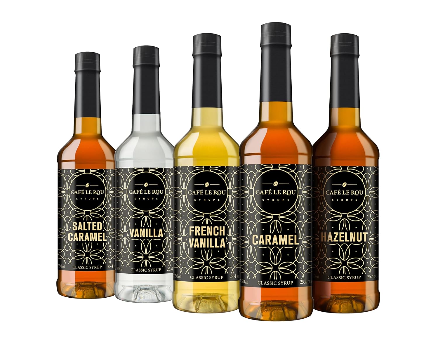Cafe Le Rou Coffee Syrup Variety 5-Pack- 25.4 oz Vanilla, French Vanilla, Caramel, Salted Caramel, Hazelnut Coffee Flavoring Syrup for Coffee, Tea and Espresso