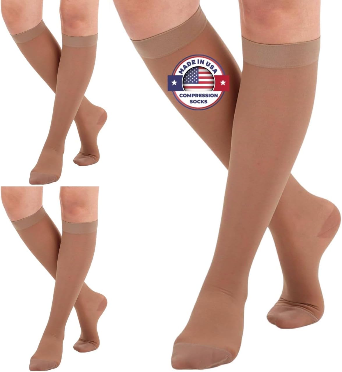 (3 Pairs - Closed Toe) Made in USA - Sheer Compression Stockings for Women 15-20mmHg - Womens Compression Socks for Circulation during Travel, Airplane, Sport, Athletic - Beige, X-Large - A101BE4-3