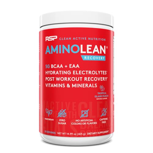 RSP AminoLean Recovery - Post Workout BCAAs Amino Acids Supplement + Electrolytes, BCAAs and EAAs for Hydration Boost, Immunity Support - Muscle Recovery Drink, Vegan Aminos, Tropical Punch, 50 Serv