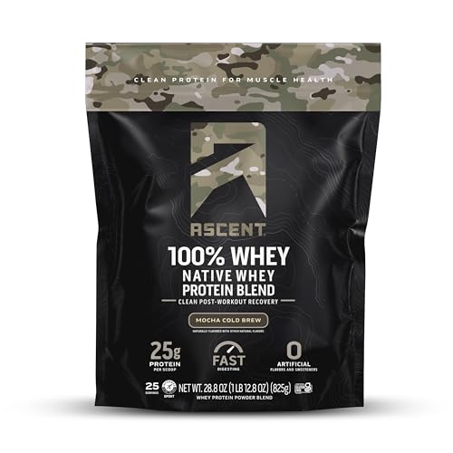 Ascent 100% Whey Protein Powder - Post Workout Whey Protein Isolate, Zero Artificial Flavors & Sweeteners, Gluten Free, 5.5g BCAA, 2.6g Leucine, Military Exclusive, Mocha Cold Brew 1.7 lb