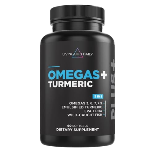 Livingood Daily Triple Omega 3 6 9 Supplement Plus Turmeric Curcumin, DHA & EPA, Fish Oil Supplements for Brain & Heart Health and Joint Support, Advanced Absorption, Gluten Free, Non GMO, 60 Softgels