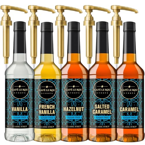 Cafe Le Rou Coffee Syrup Sugar Free Variety 25.4oz Vanilla, French Vanilla, Caramel, Salted Caramel, Hazelnut - (Sugar Free Variety, 5-Pack) Flavoring Syrup for Coffee, Tea and Espresso Made in the USA