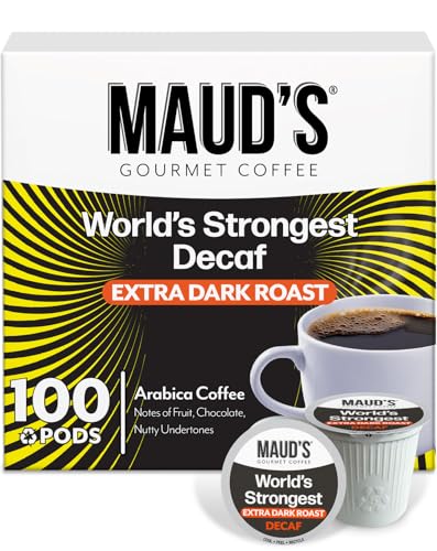 Maud's World's Strongest Decaf Coffee Pods, 100 ct, Decaffeinated Dark Roast Coffee in Recyclable Single Serve Pods  100% Arabica Coffee, Compatible with Keurig K Cups Maker
