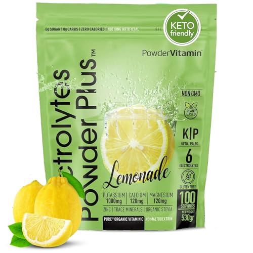 PowderVitamin Electrolytes Powder Plus Keto, Lemonade (100 Servings) 0 Sugar, No Maltodextrin,1000mg Potassium,120mg Calcium,120mg Magnesium,Organic Vitamin C,Zero Calories, Energy Hydration Powder