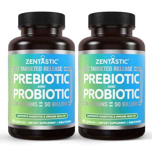 Zentastic Probiotics & Prebiotics Supplement - 50 Billion CFU - for Men & Womens Immune & Digestive Health - 16 Strains - Shelf Stable - 120 Delayed Release Veggie Capsules