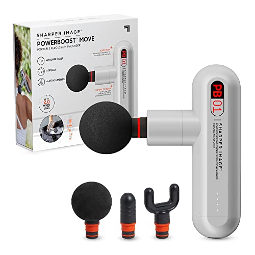 Sharper Image Powerboost Move - Mini Percussion Massage Gun| 4 Attachments, 4 Speeds| Full Body Back & Shoulder Massager| Muscle Recovery & Pain Relief| Deep Tissue Massage Tool| Wellness Gift