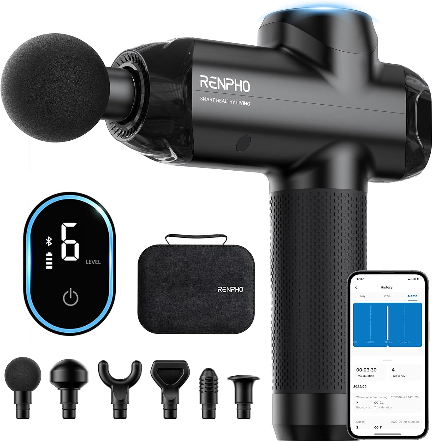 RENPHO Massage Gun Deep Tissue with Bluetooth, Christmas Gifts, Percussion Muscle Massage Gun with 12mm Amplitude for Athletes Men Women, Portable Electric Handheld Massager Gun, LED Touch Display