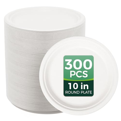 100% Compostable Paper Plates - 10 Inch, Bulk 300 Count - Disposable, Heavy Duty, Biodegradable Plates Made of Bagasse - Eco-Friendly, Large Size (White)