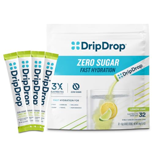 DripDrop Sugar Free Hydration Packets - Zero Lemon Lime - Single Serve Electrolytes Powder Drink Mix - Non-GMO, Gluten Free, Vegan - 32 Sticks