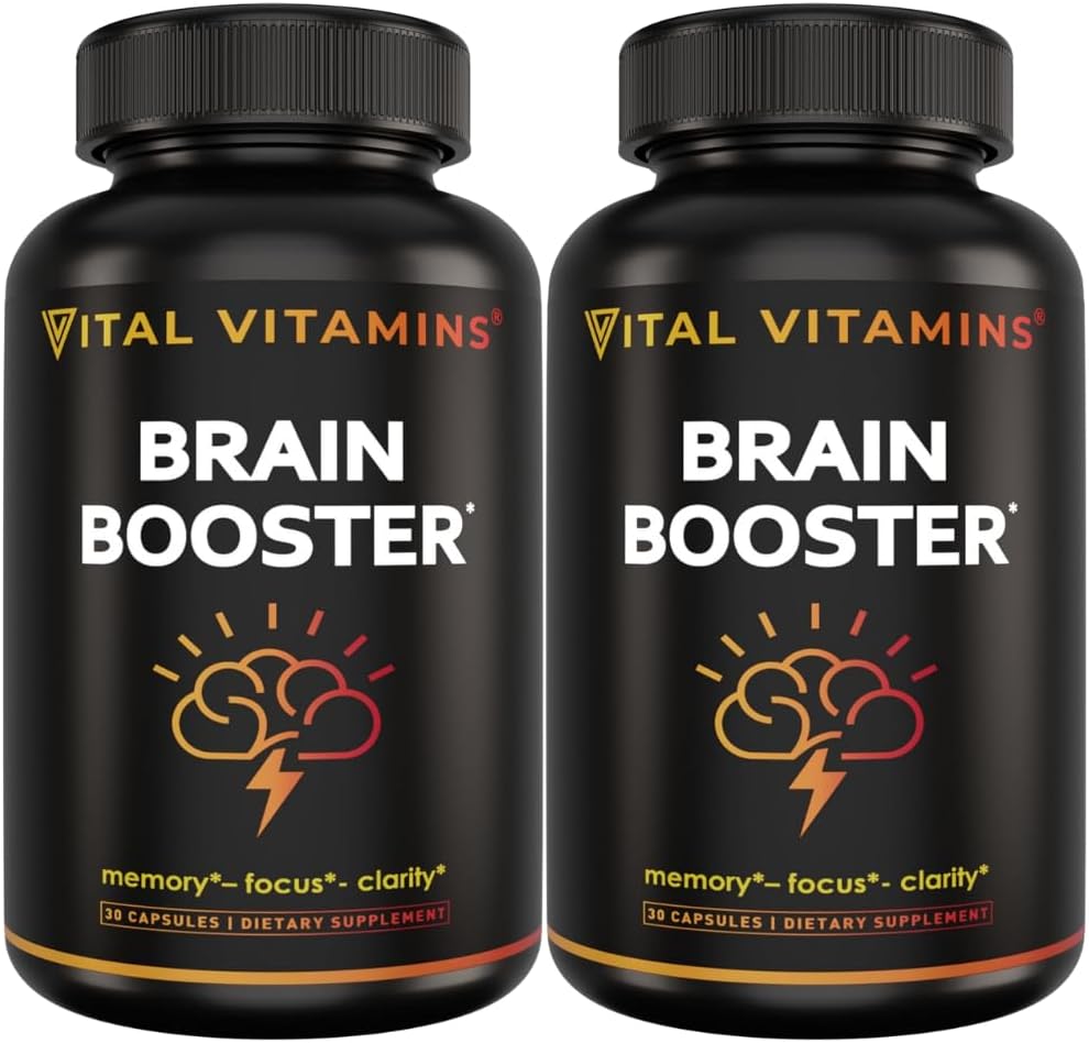 Vital Vitamins Brain Supplements for Memory and Focus (2-Pack) Nootropic Brain Booster with Ginkgo Biloba, Rhodiola, B12  Caffeine-Free Support for Adults & Seniors  60-Day Supply