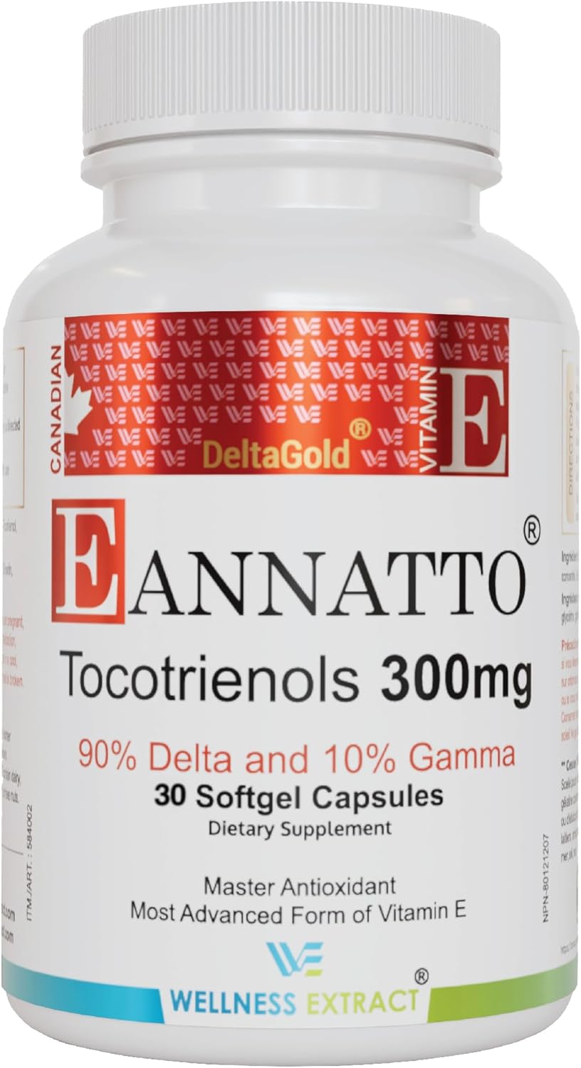 WELLNESS EXTRACT Wellnes Exract E Annatto Tocotrienols Deltagold 300mg, Vitamin E Tocotrienols Supplements 30 Softgel Capsules, Tocopherol Free (90% Delta & 10% Gamma).