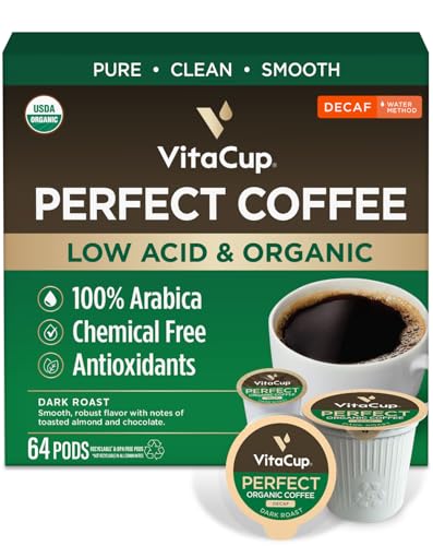 VitaCup Organic Perfect Dark Roast Decaf Coffee Pod for Pure & Clean Energy, Antioxidants, Low Acid, Peru Single Origin in Recyclable Single Serve Pod Compatible with Keurig K-Cup Brewers, 64 CT