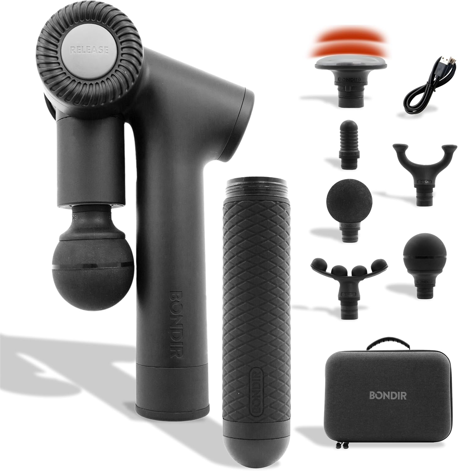R2 PRO+ Massage Gun - Powerful High Intensity Articulating Deep Tissue Back Massager with Extension Handle and 6X Heads Including Heated Attachment