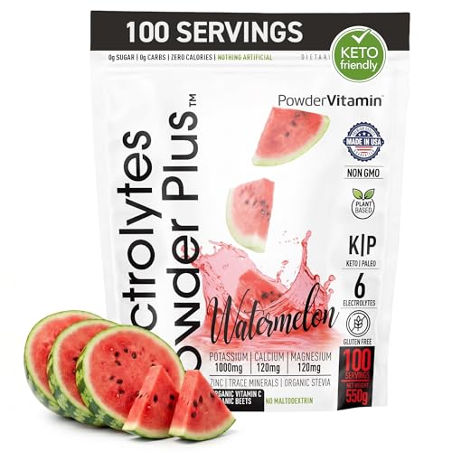 PowderVitamin Electrolytes Powder Plus (100 Servings) Watermelon Electrolyte Powder, Zero Calorie, Keto, 0 Sugar, No Maltodextrin,1000mg Potassium,120mg Calcium,120mg Magnesium, Energy Hydration Powde