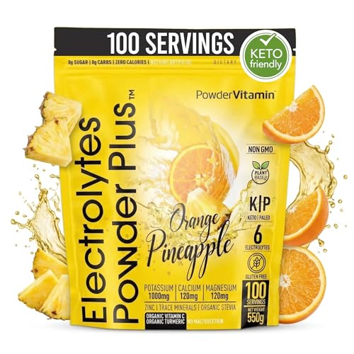 PowderVitamin Electrolytes Powder Plus (100 Servings) Orange Pineapple Electrolyte Powder Zero Calorie, Keto, 0 Sugar, No Maltodextrin,1000mg Potassium,120mg Calcium,120mg Magnesium, Hydration Powder