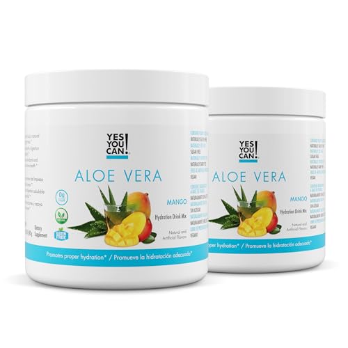 Yes You Can! Organic Aloe Vera Powder Drink Mix - Hydration Booster Infused with Pure Aloe Juice - Antioxidant Rich - Mango Flavor - 40 Servings Per Canister (2 Pack)