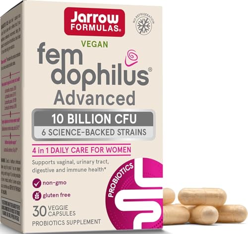 Jarrow Formulas Fem-Dophilus Advanced Vaginal & Digestive Probiotics 10 Billion CFU With 6 Clinically-Studied Strains, For Vaginal, Urinary Tract, Digestive & Immune Support, 30 Capsules, Shelf-Stable