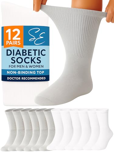 Special Essentials Diabetic Socks for Men & Women  12 Pairs of Non-Binding Moisture-Wicking Neuropathy Socks  Crew Length