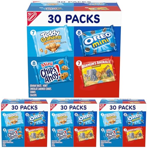 Nabisco Team Favorites Variety Pack, OREO Mini, CHIPS AHOY! Mini, Teddy Grahams Honey & Barnum's Animal Crackers, Christmas Cookies Stocking Stuffers, 30 Snack Packs (Pack of 4)
